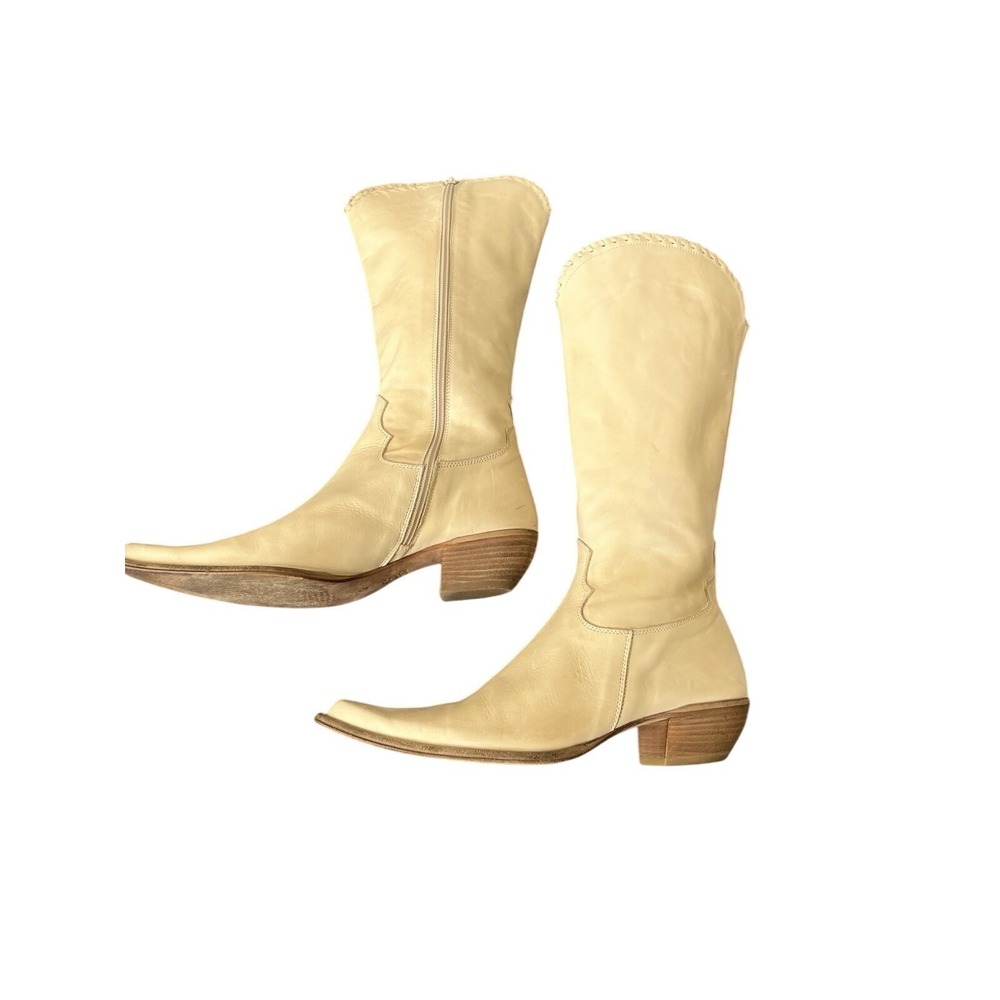 Vintage Pointed Toe Cream Italian Leather Western Boots Stacked Heel Zip Up 9 - Picture 8 of 16